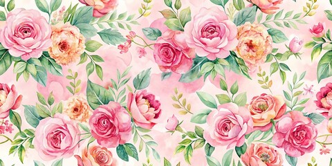 Pink and delicate watercolor floral background seamless pattern aerial view