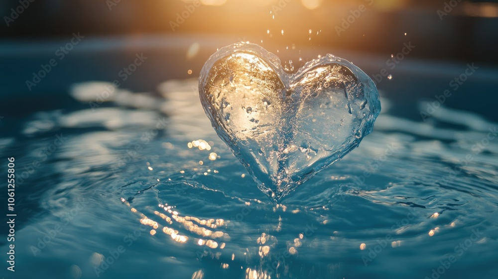 Poster close-up of a heart-shaped ice piece dissolving in a pool, sunlight creating a serene atmosphere, sy