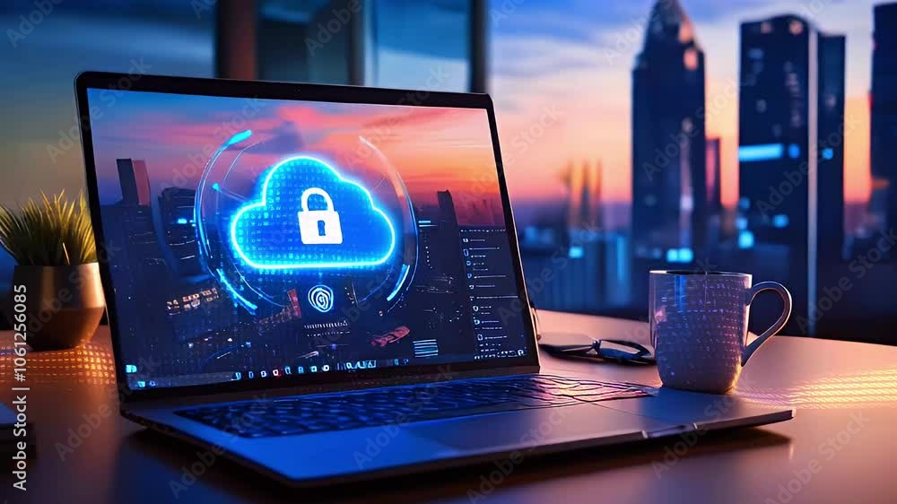 Aufkleber laptop with a cloud computing icon on the screen, depicting security and privacy.