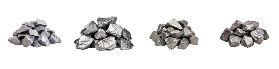 Image shows four distinct piles of rocks or stones, varying in size and shape, arranged in a horizontal line against a plain background.