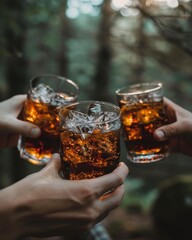 Friends celebrating together with toasts and drinks at a joyful outdoor gathering