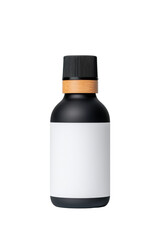 Elegant black bottle with bamboo cap and white label