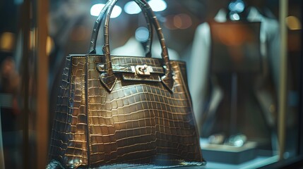 A luxurious crocodile-patterned handbag displayed elegantly in a showcase.