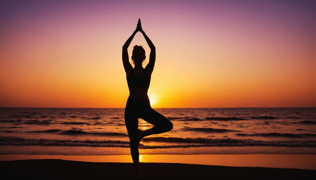 silhouette of a woman doing yoga on a beach at sunset