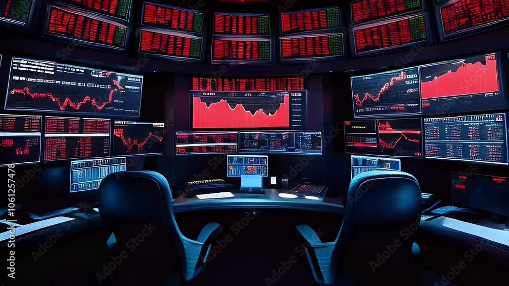 Poster a trading room with multiple monitors displaying stock market data, charts, and graphs in real-time.