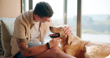 Relax, sofa and man with dog in apartment for safety, companion and security with connection. Happy, rest and male person rub puppy, pet or animal with love, care and bonding in living room at home.