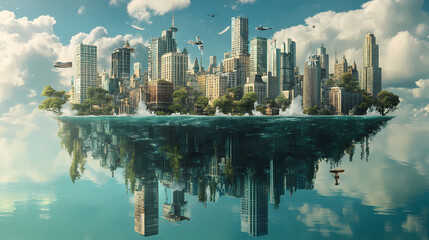 Fototapeta premium Surreal cityscape with buildings growing from the ocean, floating islands, and upside-down skyscrapers. Floating Cityscape. Illustration