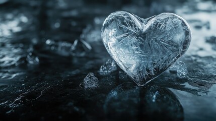 Fototapeta premium Heart frozen in clear ice, placed on a dark reflective surface, capturing the essence of love and emotional fragility