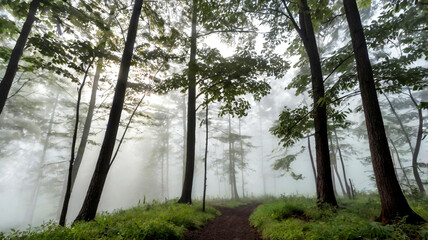 Obraz premium Scenic Misty Forest Landscape at Sunrise with Rolling Hills. Breathtaking view of a misty forest landscape at sunrise, with rolling hills and morning fog creating a serene and peaceful atmosphere.