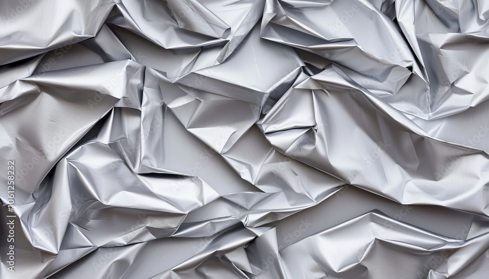 Poster 3d render a close-up view of crumpled metallic silver paper, showcasing intricate folds and creases 