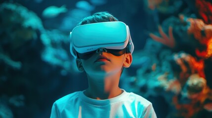 A child wearing a virtual reality headset stands in front of a vibrant underwater scene, immersed in an exciting digital experience.