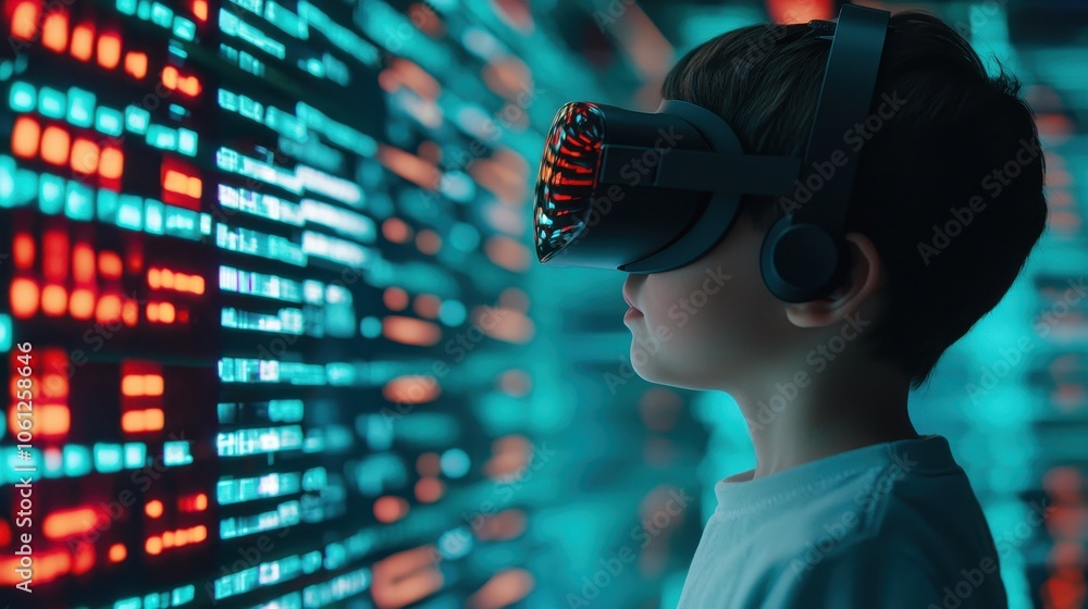 Poster a boy wearing a virtual reality headset is facing a vibrant digital display filled with colorful dat