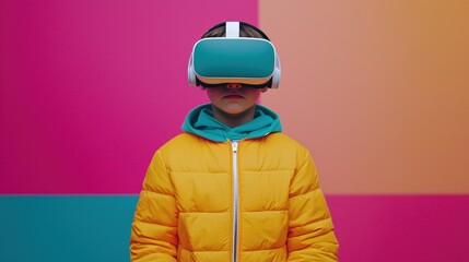 A child wearing a virtual reality headset stands against a vibrant, colorful background, showcasing the immersive technology experience.