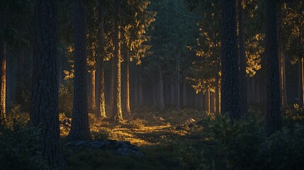 Sunlight illuminates a path through a dense forest.