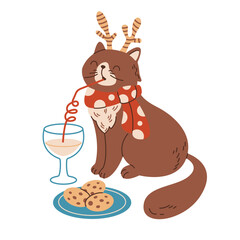 Funny cat drinking milk cocktail with cookies flat color vector character. Pet with holiday antlers headband illustration on white background