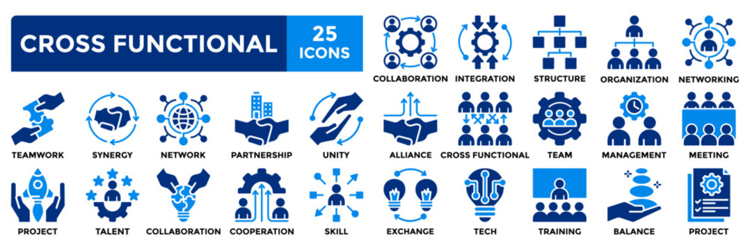 Cross functional icon collection set. Containing teamwork,collaboration,skill,project,management icon. Simple flat vector illustration.