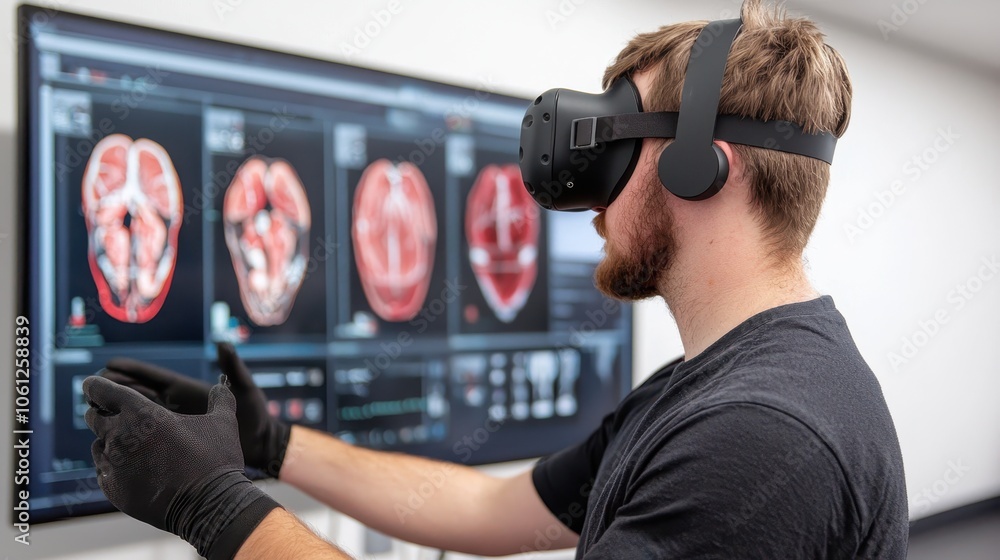 Poster a man using virtual reality technology to interact with anatomical scans displayed on a large screen