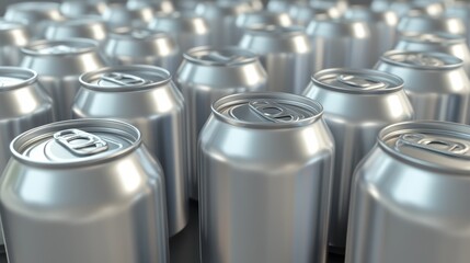 A close-up view of numerous silver aluminum cans arranged closely together, highlighting their reflective surfaces and uniform appearance.
