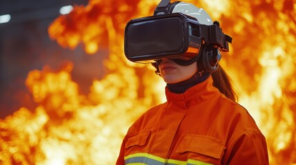 A firefighter uses virtual reality goggles amidst a fiery backdrop, showcasing advanced training technology for emergency situations.