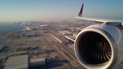 Fototapeta premium Aerial view of an airport with an airplane wing and engine visible, overlooking cityscape and industrial buildings.