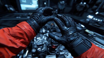 A pair of gloved hands manipulates machinery, showcasing a high-tech environment, with a focus on mechanical precision and intricate details.