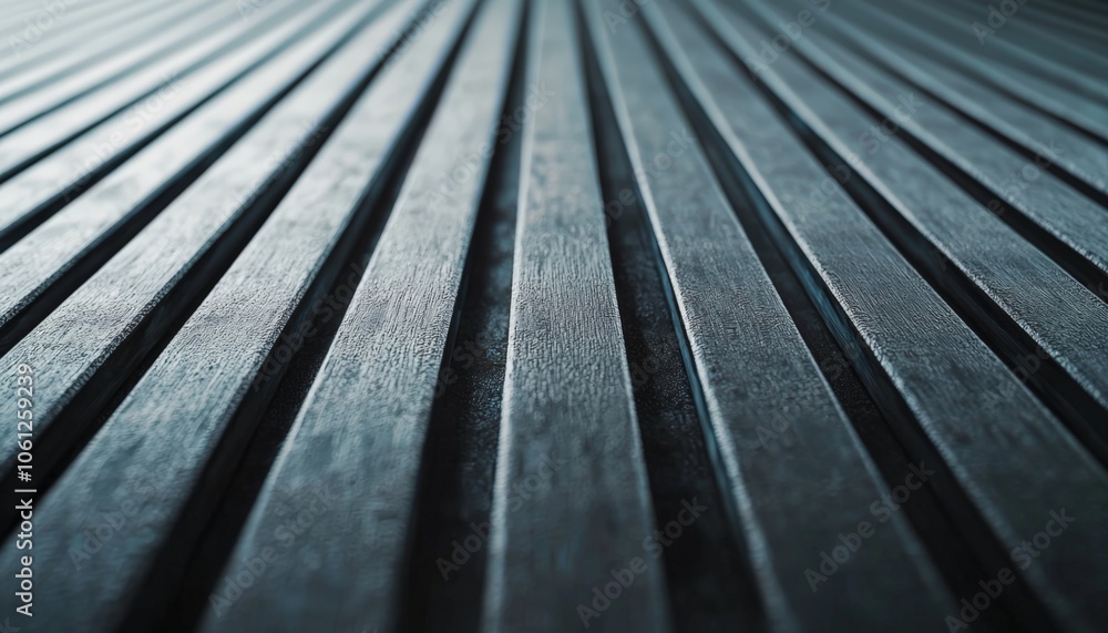 Poster a close-up view of textured, dark wooden planks arranged parallel, showcasing their linear patterns 