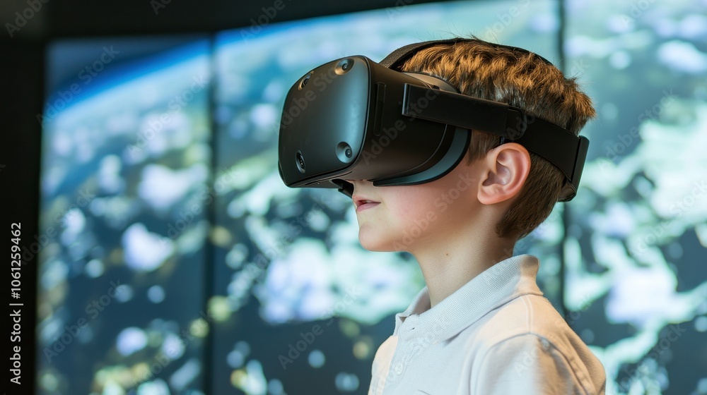 Poster a child wearing a vr headset is immersed in a virtual experience, surrounded by screens displaying a