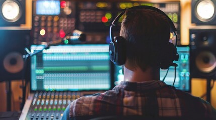 Fototapeta premium An artist in a recording studio interacts with sound equipment, channeling their emotions into a powerful musical piece.