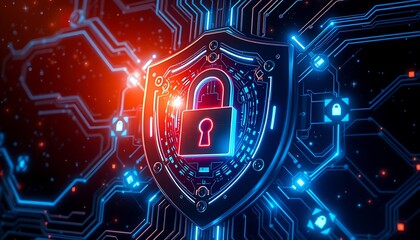 A glowing shield surrounded by digital locks and security icons on a dark background.