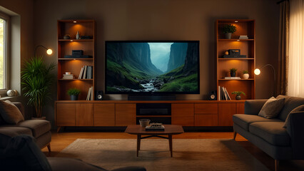 Fototapeta premium A Customer's Perspective of a Cozy Entertainment Center Filled with Gadgets and Devices in a Welcoming Living Space
