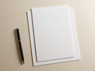  A blank notepad and a white pen on aplain background.