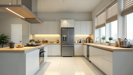 A Spacious Kitchen Showcasing a Sleek Refrigerator and Ample Counter Space Filled with Modern Cooking Gadgets