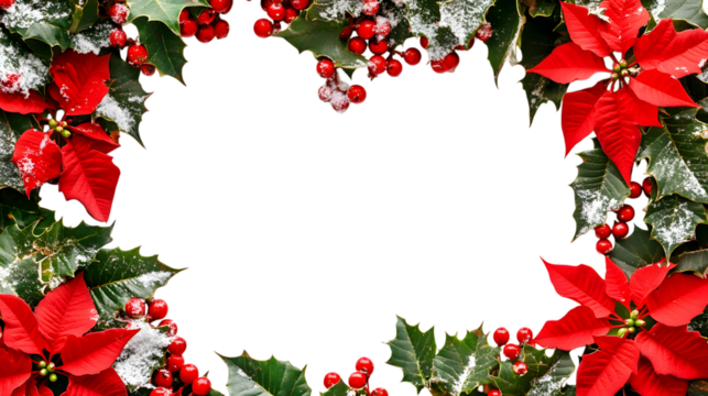 Christmas decorations withholly leaves, red poinsettia flowers and white snow, He
