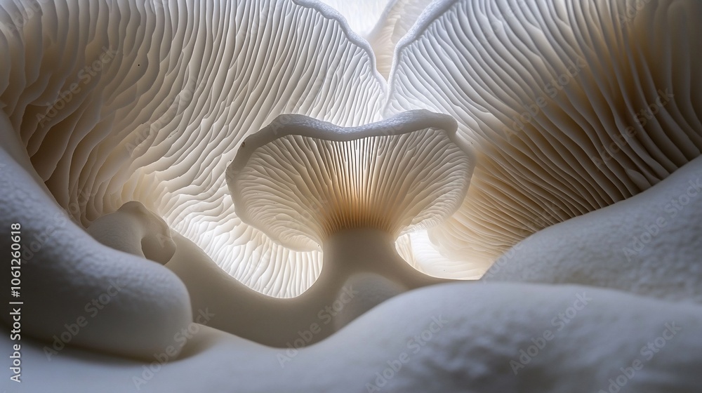 Poster close-up of oyster mushroom gills, showing delicate structure and intricate patterns.