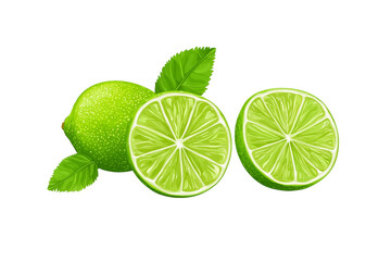 Fresh Cut Limes with Green Leaves on White Background