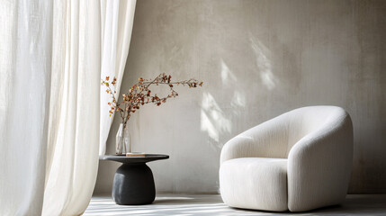 minimalist living room interior design with white chair and dried branches