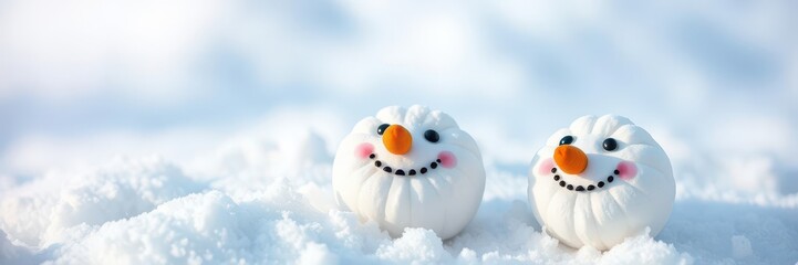 Cheerful marshmallow snowmen with smiling faces and carrot noses, happily standing in the snow, face, snowmen