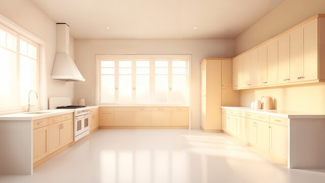 Modern Elegance: An Empty Kitchen with Sleek White Appliances and Warm Wooden Cabinets