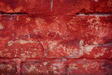 A fragment of a red brick wall with pronounced texture. Natural age defects in the form of cracks and abrasions. Rough surface with traces of dried paint.