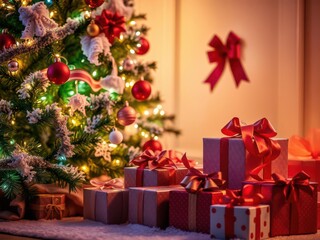 Decorated Christmas tree surrounded by colorful gift boxes, merry, gifts