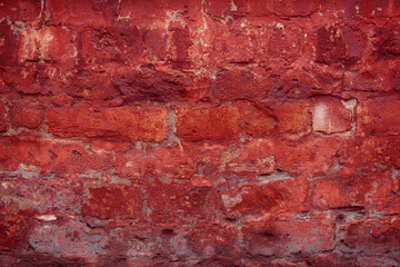 A fragment of a red brick wall with pronounced texture. Natural age defects in the form of cracks and abrasions. Rough surface with traces of dried paint.