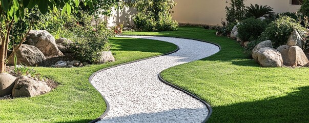 A winding gravel path through a lush green garden with rocks and plants.