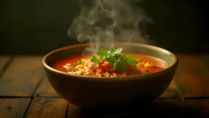 A Warm and Inviting Bowl of Soup with Fresh Herbs and Vegetables on a Rustic Wooden Table