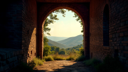A Captivating Artistic View Through an Ancient Brick Wall Framing an Enchanting Natural Landscape