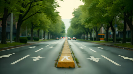 A Clear Composition of a Roadway Median Displaying Pedestrian Directions Surrounded by Soft Greenery