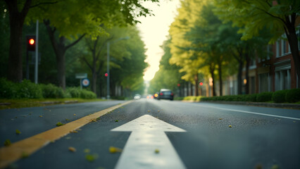 A Clear Composition of a Roadway Median Displaying Pedestrian Directions Surrounded by Soft Greenery