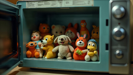 A whimsical setting with rows of toys inside a microwave, evoking curiosity and sparking imagination