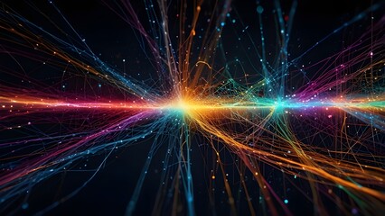 Fototapeta premium Abstract Colorful Optical Fibers Connecting To Other Networks. Electrical Signals Flowing Inside Of Complex Network Generative AI