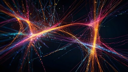 Naklejka premium Abstract Colorful Optical Fibers Connecting To Other Networks. Electrical Signals Flowing Inside Of Complex Network Generative AI