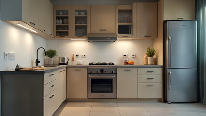 Fototapeta premium A Well-Organized Kitchen Featuring a Modern Oven, Microwave, and Refrigerator, Displaying a Harmonious Blend of Functionality and Aesthetics